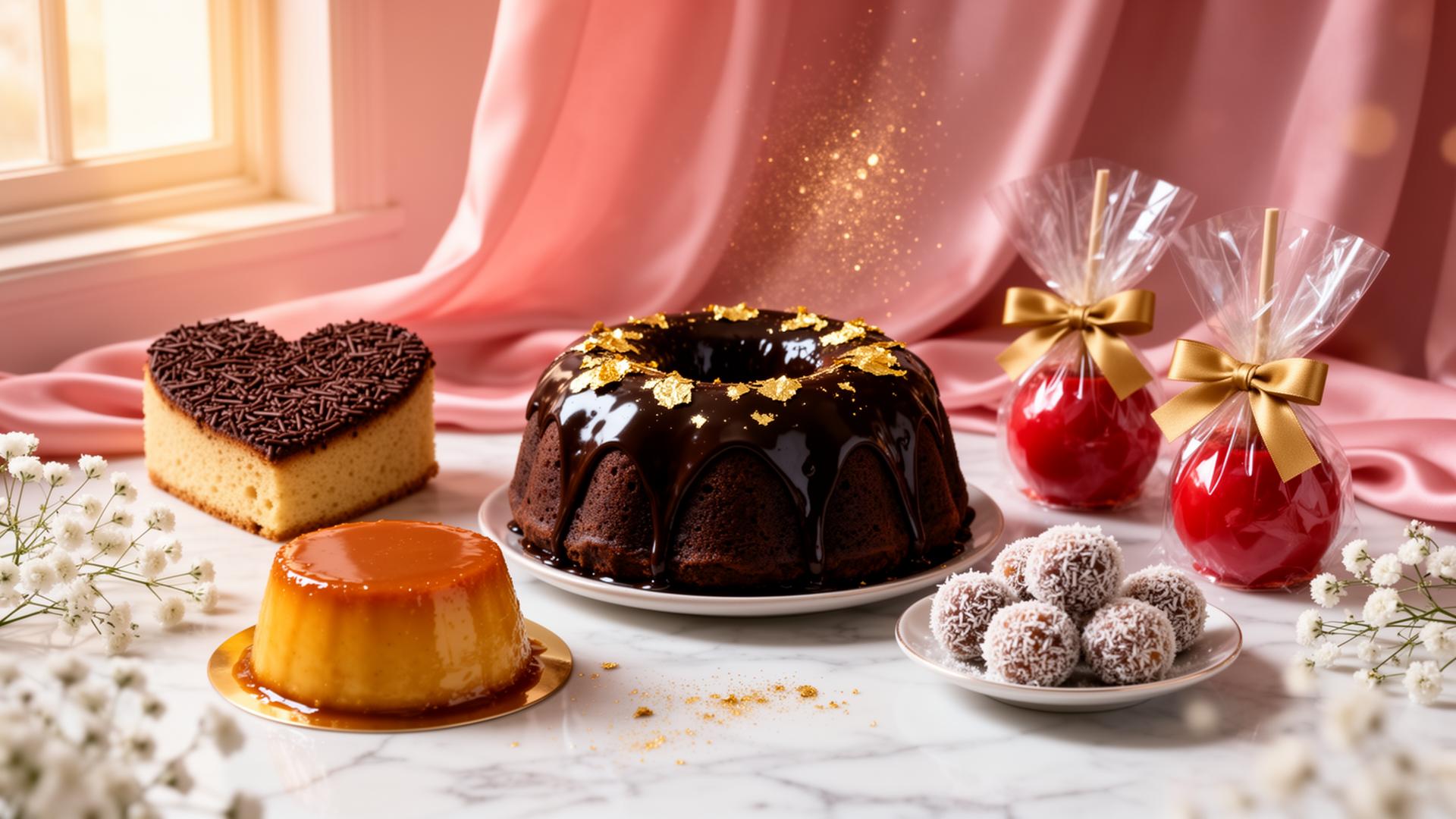 Cinematic styled arrangement of Honey Honey Treats gourmet desserts — chocolate bundt, pudim, heart cake and candy apples